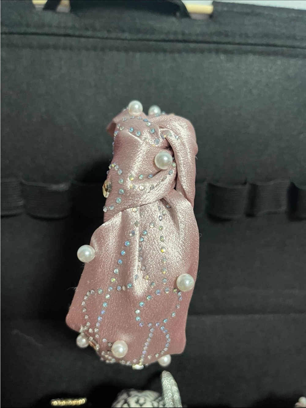 Pearl-Embellished Pink Satin Headband